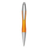 An orange plastic pen with a silver clip and detailing, featuring a smooth finish and a logo.