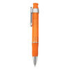 An orange plastic pen with a silver clip and a rubber grip. The pen features a transparent barrel.