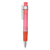 A plastic pen with a pink translucent body and an orange grip, featuring a silver clip and tip.