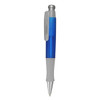 A plastic pen with a blue and clear barrel, featuring a silver tip and a textured grey grip.