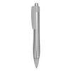 A silver plastic pen featuring a clip and grip, with a logo on its side.