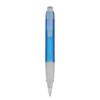 A plastic pen with a transparent blue barrel and a white grip. It features a click mechanism and a clear top.