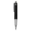 A black and transparent plastic pen with a clip and a rubber grip. The pen features a logo.