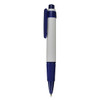 A plastic pen featuring a white barrel, blue accents, and a textured grip. It includes a logo on the surface.