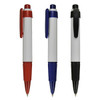 Three plastic pens in red, blue, and black, featuring a logo and a textured grip.
