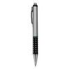 A silver and black plastic pen featuring a textured grip and a logo on the barrel.