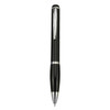 A black plastic pen with chrome accents and a clip, featuring a sleek, modern design.