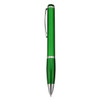 A green plastic pen with a silver clip and accents, featuring a smooth barrel design.