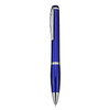A blue plastic pen with a silver clip and accents, featuring a sleek design and a logo.