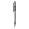A plastic pen with a translucent grey body and silver accents, featuring a retractable mechanism and a branding logo.