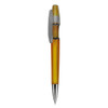 A yellow plastic pen with a transparent clip and silver accents, featuring a branded logo.