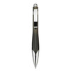 A plastic pen in black with silver accents and a clip, featuring a sleek design and a branding logo.