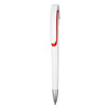 A plastic pen in white with a red accent and silver tip. The pen features a clip and has a logo.