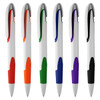A collection of six plastic pens in orange, green, blue, purple, and black, each with a white body and a logo.