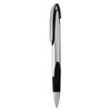 A silver plastic pen with a textured black grip and a clip for easy attachment. It features a logo.