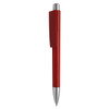 A red plastic pen with a silver clip, featuring a simple, sleek design and a logo.