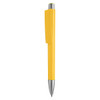 A yellow plastic pen with a silver tip and a clip. It features a simple, sleek design and has a branding logo.