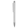 A white plastic pen with a silver clip and tip, featuring a logo on the body.