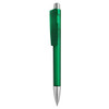 A green plastic pen with a silver tip and a transparent green clip, featuring a logo.