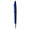 A metallic blue pen with a silver clip and tip, featuring a branding logo on the barrel.