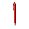 A red plastic pen with a sleek design and clip, featuring a silver tip and branding.