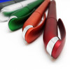A collection of metallic pens in red, green, silver, and orange, featuring a stylish design and a logo.