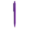 A plastic pen in a vibrant purple hue with a clip and a smooth, sleek design. It features a logo.