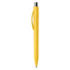 A yellow plastic pen with a silver accent and a clip for easy attachment. It features a branding logo.