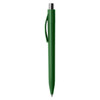A green plastic pen with a clip and silver accent at the top. It has a smooth design and a branding logo.