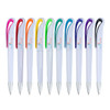 A collection of plastic pens in white with colourful grips in red, orange, yellow, green, blue and purple, featuring a logo.