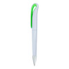 A plastic pen in white with a green clip, featuring a silver tip and a simple design. It has a logo on the barrel.
