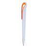 A plastic pen in white with an orange clip and a silver tip, featuring a logo on the body.