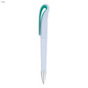 A plastic pen in white and teal with a silver tip and a distinctive clip design. It features a branding logo.