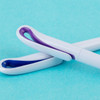 Two plastic pens in white and purple, featuring a unique curved design and a logo on the side.