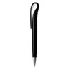 A plastic pen in black with a distinctive sleek design and a silver tip, featuring a branding logo.