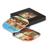 A coaster set featuring two square coasters with vibrant photographic designs, packaged in a sleek black box.