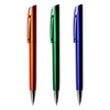 Three metallic plastic pens in orange, green, and blue, each featuring a clip and a silver-toned tip, with a logo.