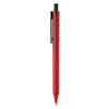 A plastic pen in vibrant red with a black clip and a smooth design, featuring a logo on the side.