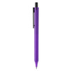 A purple plastic pen with a black clip and a button mechanism for writing. It features a branded logo.