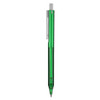 A green plastic pen with a transparent body and a silver clip, featuring a simple design and a logo.