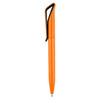 An orange plastic pen with a sleek design and a clip for easy attachment. It features a logo on the barrel.