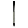 A plastic pen in grey and black with a sleek design and a clip at the top, featuring branding.