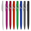 A selection of plastic pens in white, red, purple, orange, green, blue, black, and grey, each with a logo.