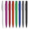 A collection of plastic pens in white, red, purple, orange, green, blue, black, and grey, featuring a silver clip.