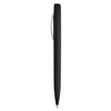 A black plastic pen with a sleek design and a silver clip, featuring a branding logo.