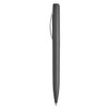 A metallic grey plastic pen with a sleek design and a clip, featuring a branding logo.