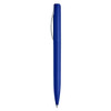 A blue plastic pen with a sleek design and a silver clip, featuring a logo.