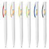 A collection of six plastic pens in white, featuring coloured clips: red, orange, yellow, green, blue, and black. Each pen has a logo.