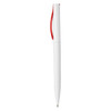 A white plastic pen with a red clip and a logo on the body.