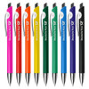 A collection of plastic pens in red, orange, yellow, green, blue, purple, and black, featuring a logo on each.
